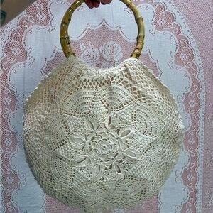 Handcrafted Crochet Lace Handbag w/ Bamboo Handle